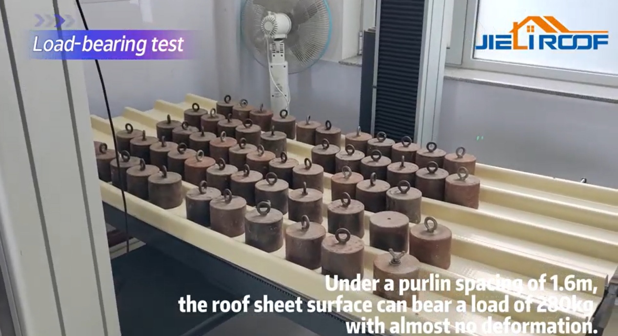a load-bearing test of a roof sheet by jie li roof, showing multiple weights on the sheet with a purlin spacing of 1.6m, demonstrating its capacity to bear 280kg with little deformation
