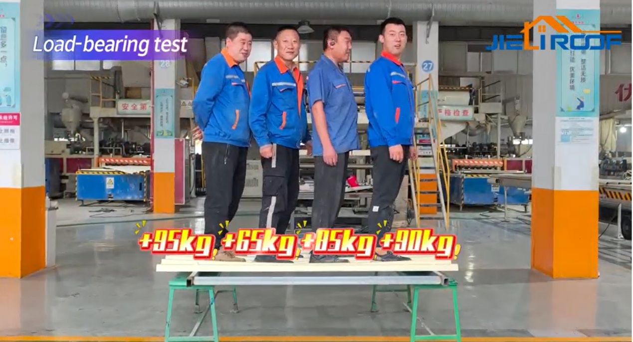 four men in a factory performing a load-bearing test on a roof sheet, with jie li roof branding and weight labels displayed